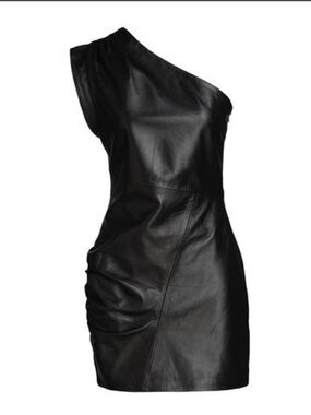 Premium One-Shoulder Black Leather Mini Dress